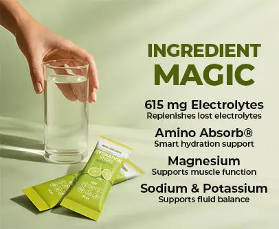 Gumazing Hydration electrolyte powder with 615 mg electrolytes, amino acids, magnesium, sodium and potassium
